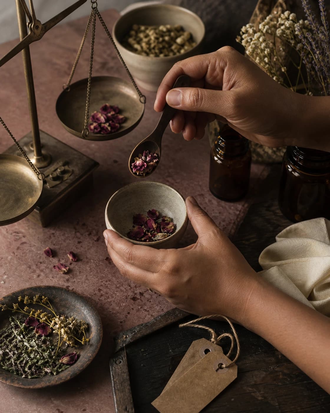 Artisan hands measure dried botanicals beside a brass scale on a small-batch worktable.