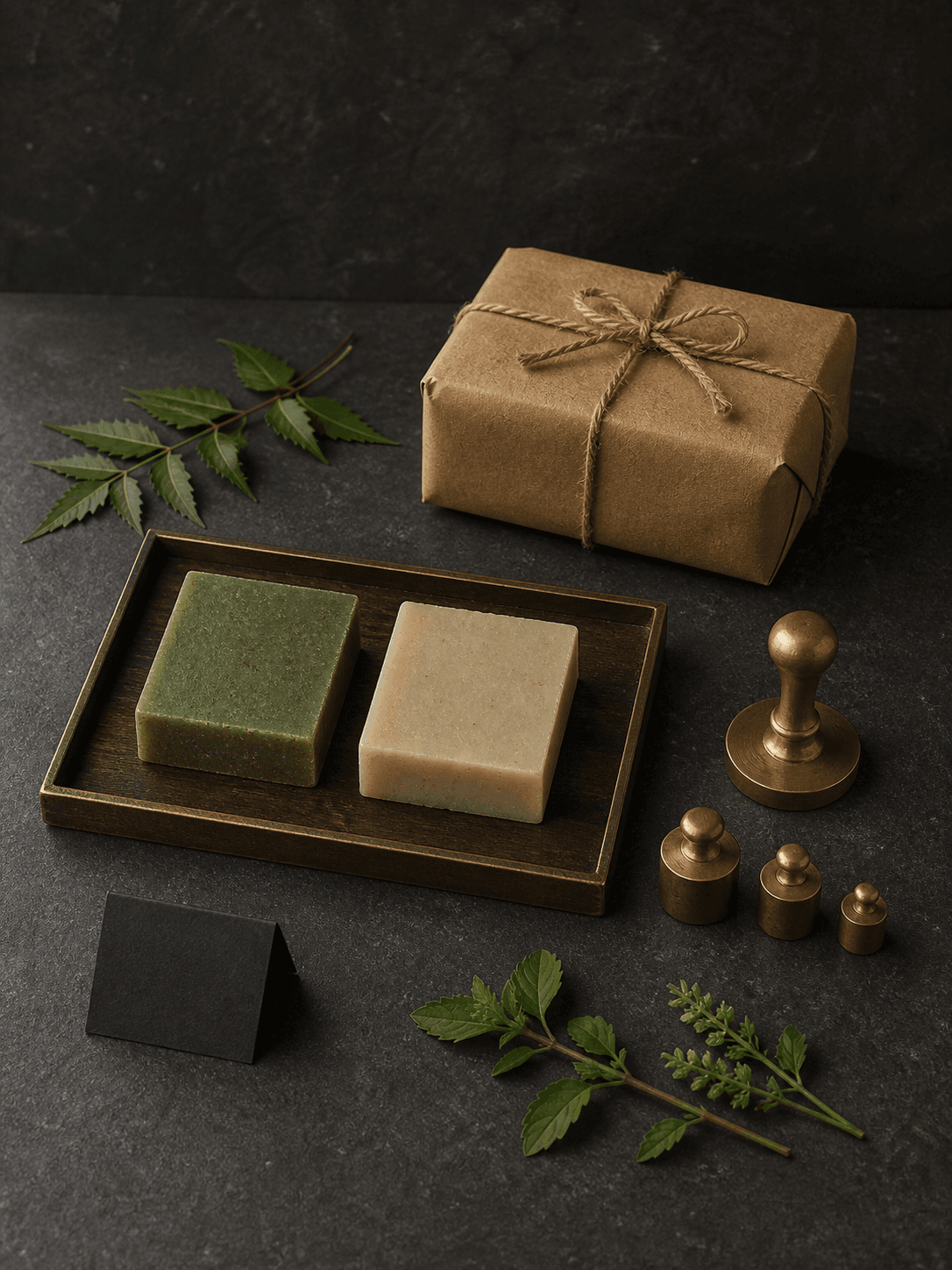 Soap batch samples, inspection tools and a wrapped parcel arranged for quality checking.